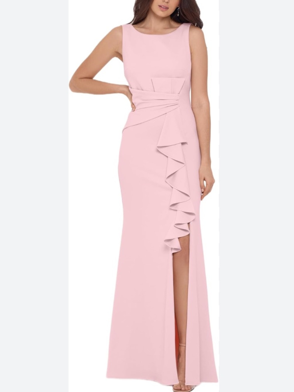 Betsy & Adam Sleeveless Pleated Cascading Ruffle Scuba Crepe Gown NEW 8 petite